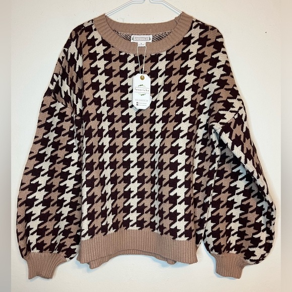 Love Riche Sweaters - Brown/Cream houndstooth pullover thick knit sweater ribbed hem and cuff size S